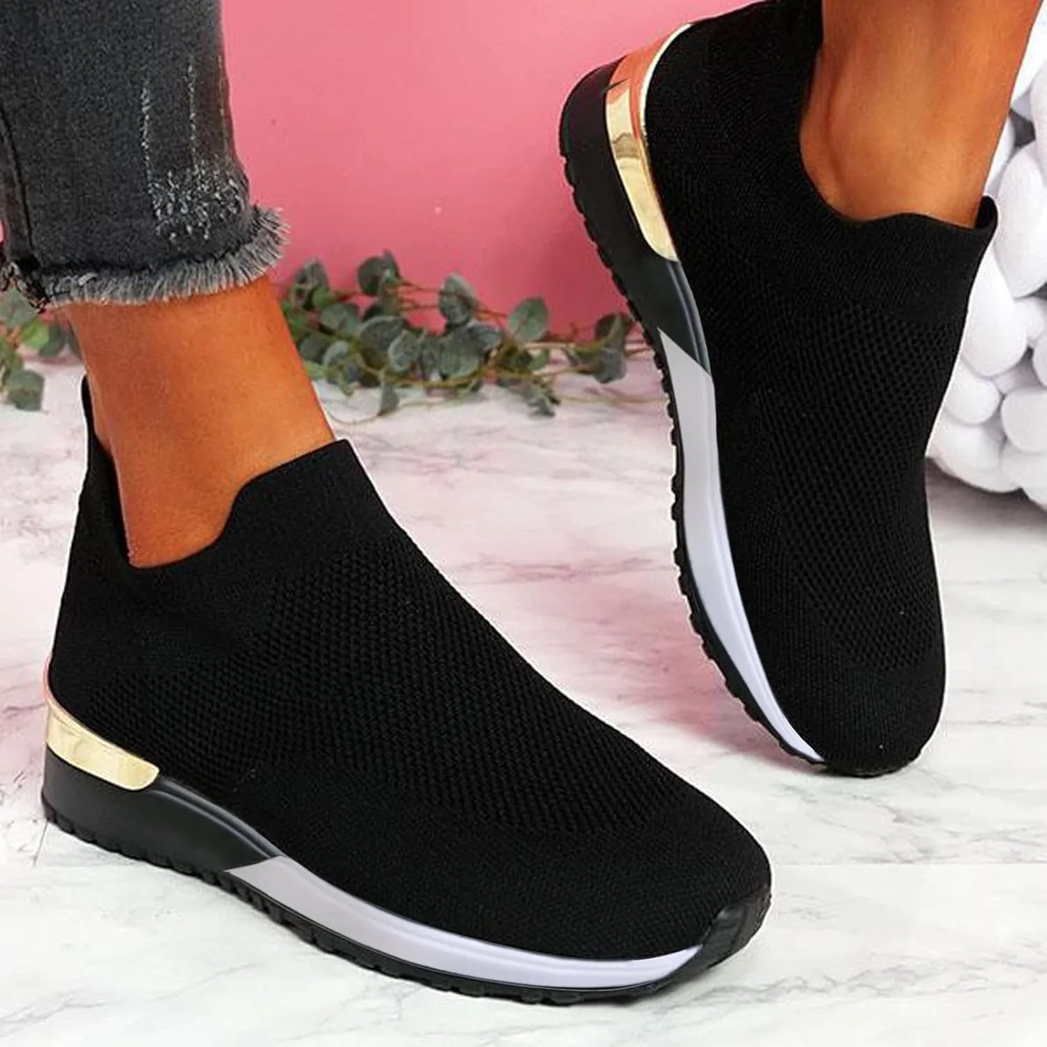 Black Platform Tennis Shoes for Women Slip On Sneakers Women Arch Support Platform Womens Casual Shoes Slip Ons with Arch Support Women's Sneakers Womens Black Sneakers Size 7w
