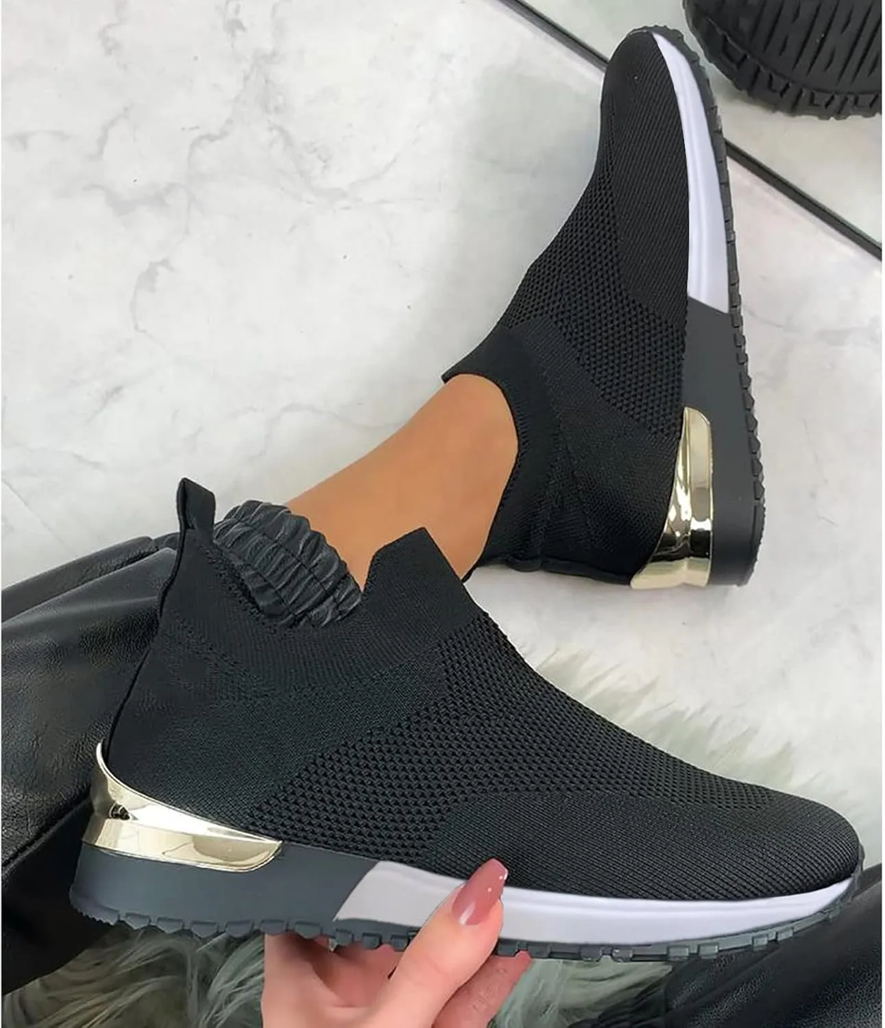 Black Platform Tennis Shoes for Women Slip On Sneakers Women Arch Support Platform Womens Casual Shoes Slip Ons with Arch Support Women's Sneakers Womens Black Sneakers Size 7w