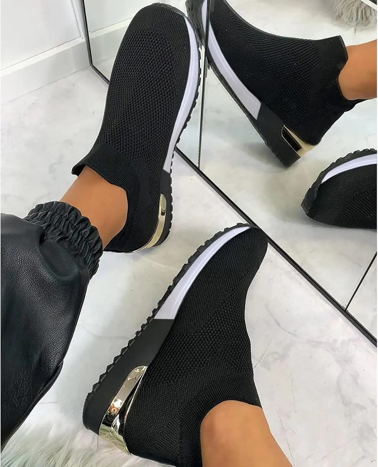 Black Platform Tennis Shoes for Women Slip On Sneakers Women Arch Support Platform Womens Casual Shoes Slip Ons with Arch Support Women's Sneakers Womens Black Sneakers Size 7w