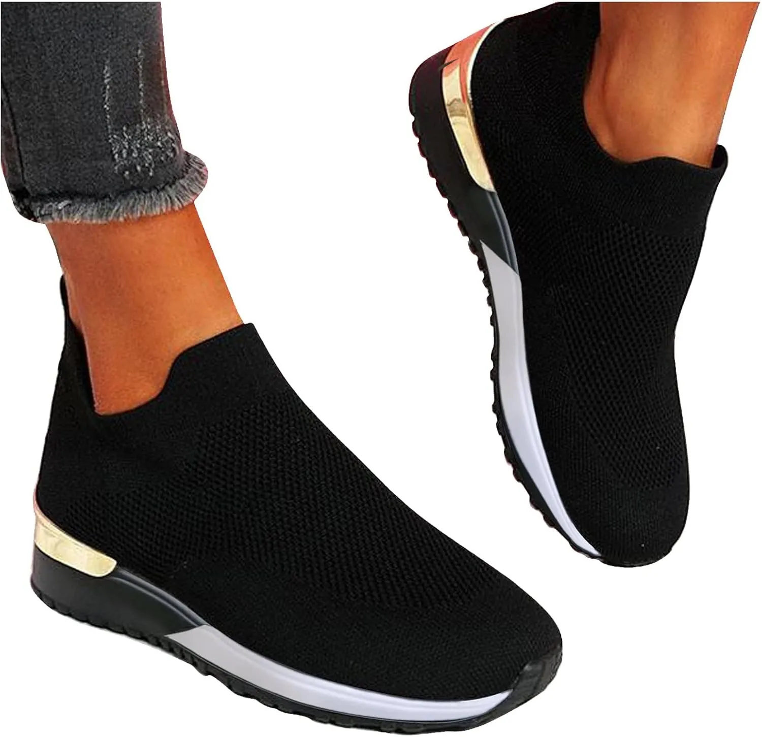 Black Platform Tennis Shoes for Women Slip On Sneakers Women Arch Support Platform Womens Casual Shoes Slip Ons with Arch Support Women's Sneakers Womens Black Sneakers Size 7w