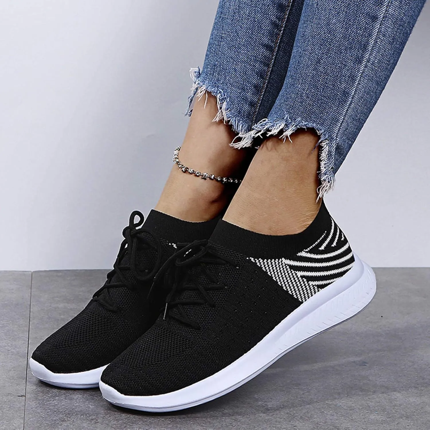 Black Running Sneakers for Women Slip Resistant Women's Black Work Shoes Size 9 Black Lace Up Workout Shoes Women Wide Width Platform Sneaker for Women Sneakers Slip On Zapatos Comodos Para Mujer