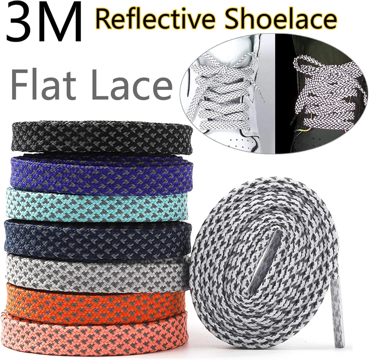 DELELE 2 Pairs Reflective Shoelace Flat Safety Laces for Shoes Sneakers Boots