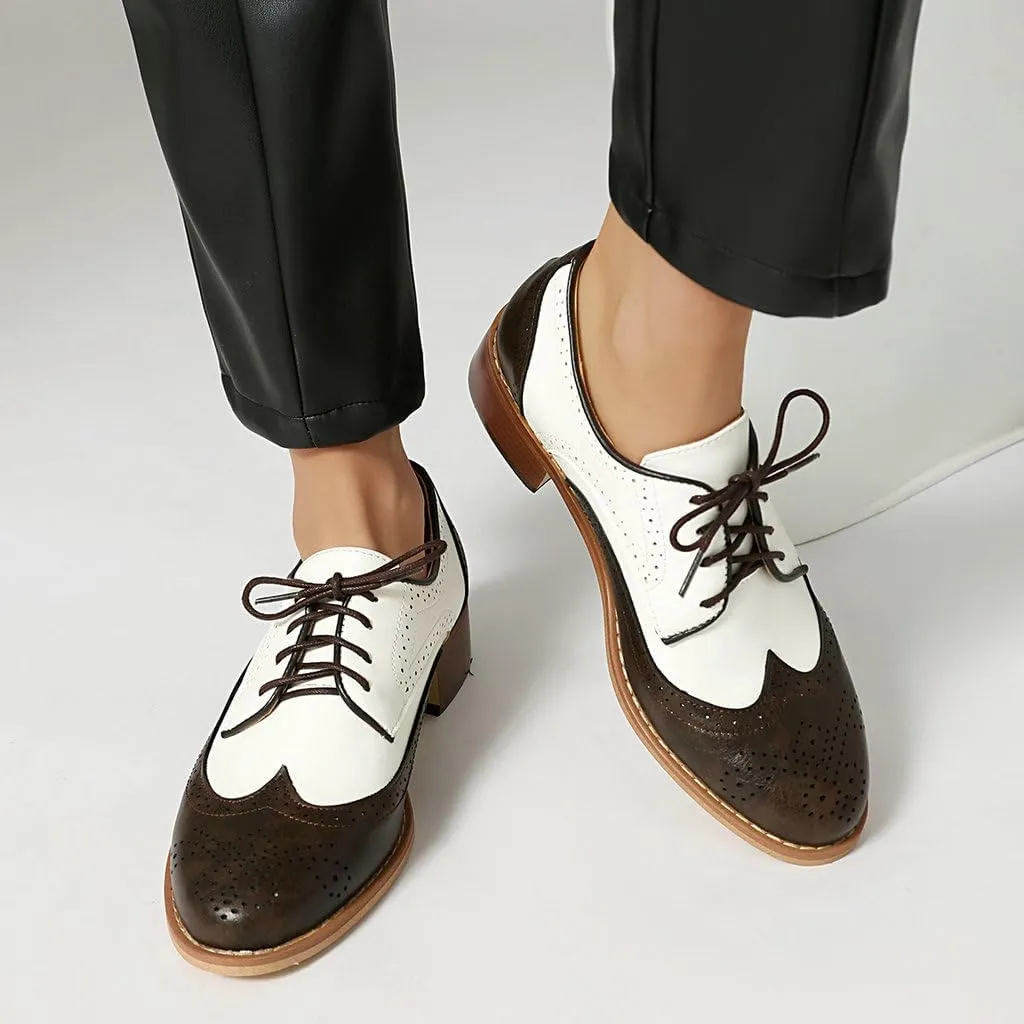 DINTAHA Wingtip Low Heel Oxford Shoes for Women Vintage Chunky Heels Lace Up Brogues Round Toe Dress Shoes