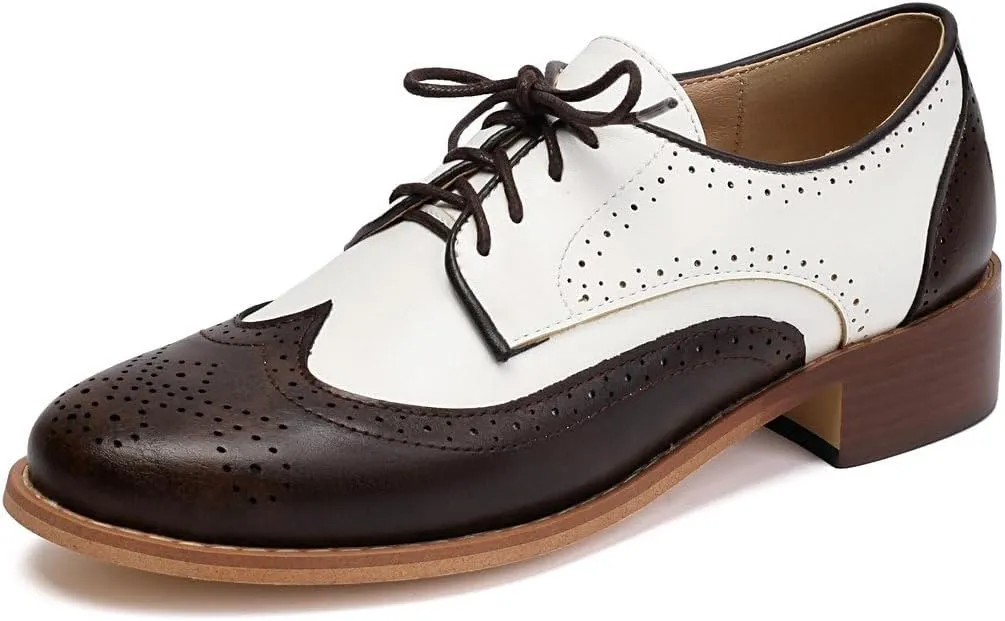 DINTAHA Wingtip Low Heel Oxford Shoes for Women Vintage Chunky Heels Lace Up Brogues Round Toe Dress Shoes