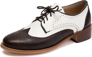 DINTAHA Wingtip Low Heel Oxford Shoes for Women Vintage Chunky Heels Lace Up Brogues Round Toe Dress Shoes