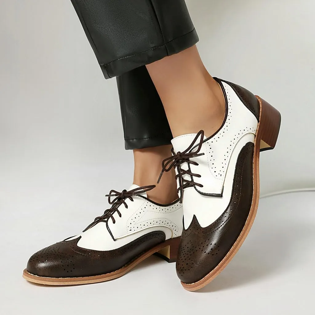 DINTAHA Wingtip Low Heel Oxford Shoes for Women Vintage Chunky Heels Lace Up Brogues Round Toe Dress Shoes