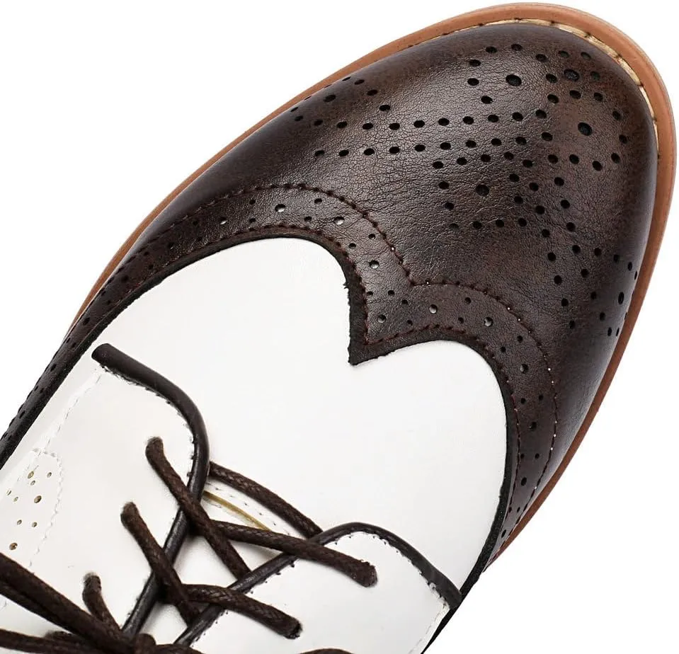 DINTAHA Wingtip Low Heel Oxford Shoes for Women Vintage Chunky Heels Lace Up Brogues Round Toe Dress Shoes