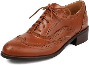 DINTAHA Womens Wingtip Oxford Shoes Chunky Low Heel Oxford Flats Lace Up Brogues Vintage Dress Shoes