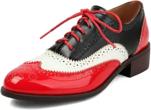 DINTAHA Womens Wingtip Oxford Shoes Chunky Low Heel Oxford Flats Lace Up Brogues Vintage Dress Shoes