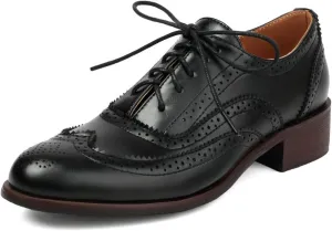 DINTAHA Womens Wingtip Oxford Shoes Chunky Low Heel Oxford Flats Lace Up Brogues Vintage Dress Shoes