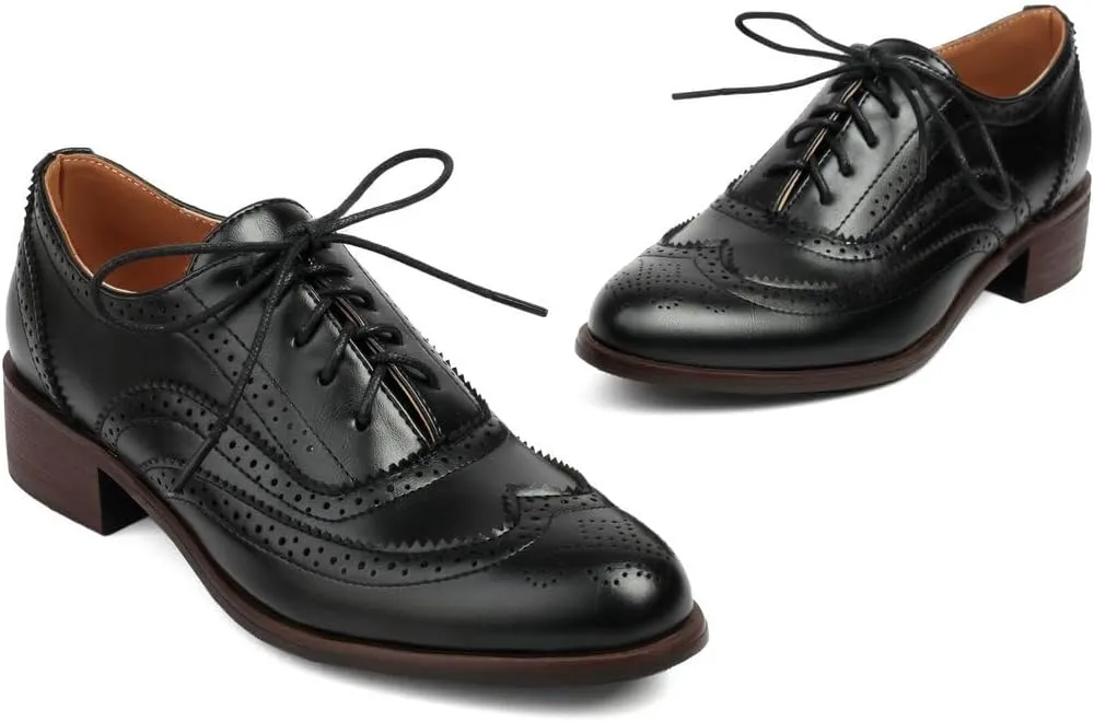DINTAHA Womens Wingtip Oxford Shoes Chunky Low Heel Oxford Flats Lace Up Brogues Vintage Dress Shoes