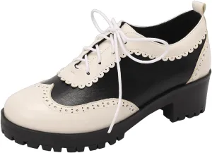 DINTAHA Womens Wingtip Oxford Shoes Chunky Low Heel Platform Oxfords Vintage Heels Lace Up Brogue Dress Shoes