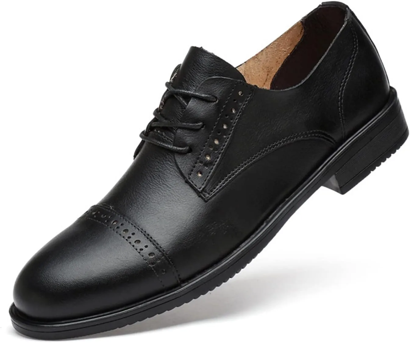 Dress Shoes for Men Lace Up Cap Toe Derby Shoes Leather Block Heel Low Top Anti-Slip Non Slip Business (Color : Black, Size : 8)