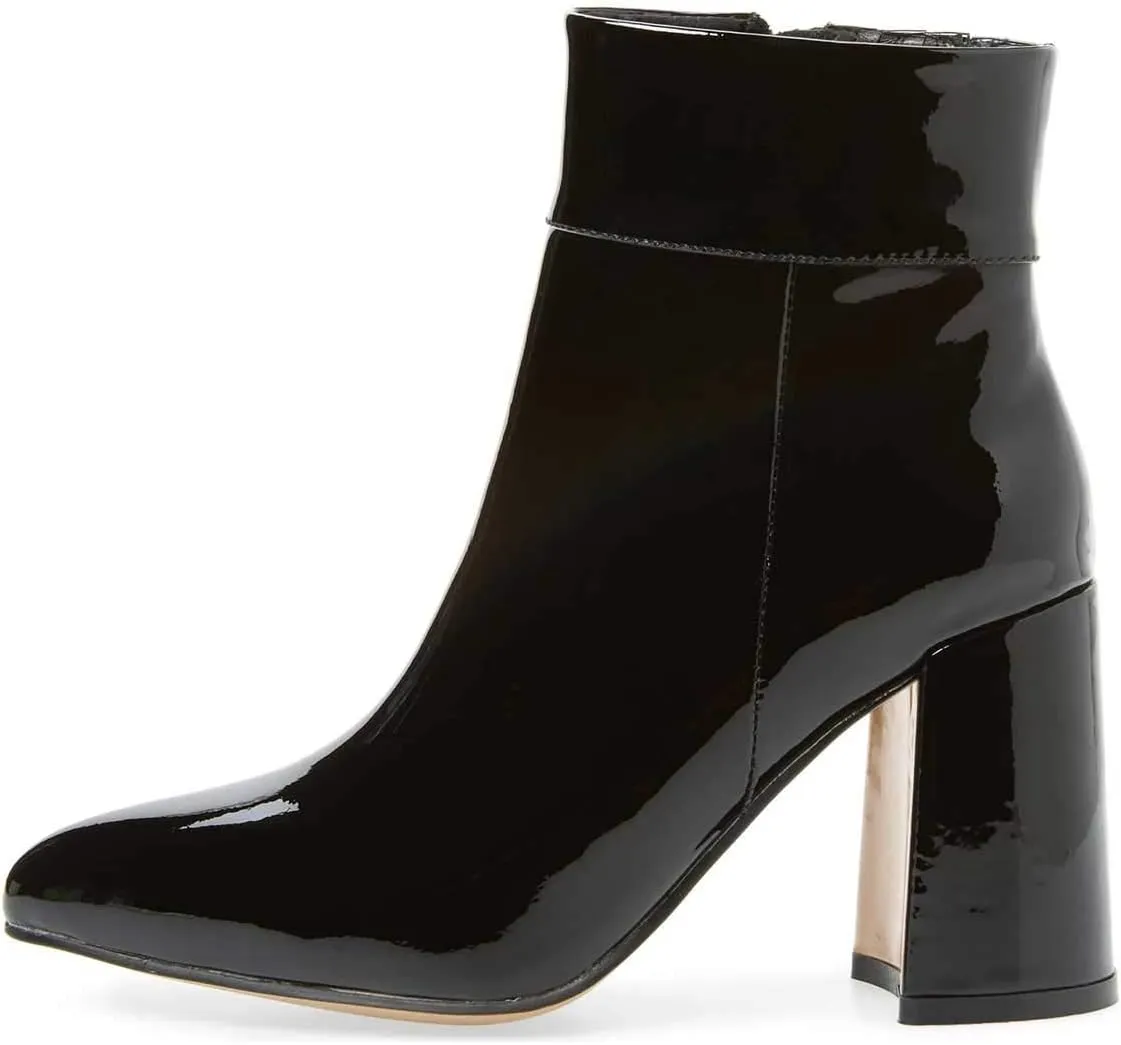 FSJ Women Pointed Toe Block High Heel Ankle Boots Glossy Patent Leather Party Dress Booties Size 4-15 US
