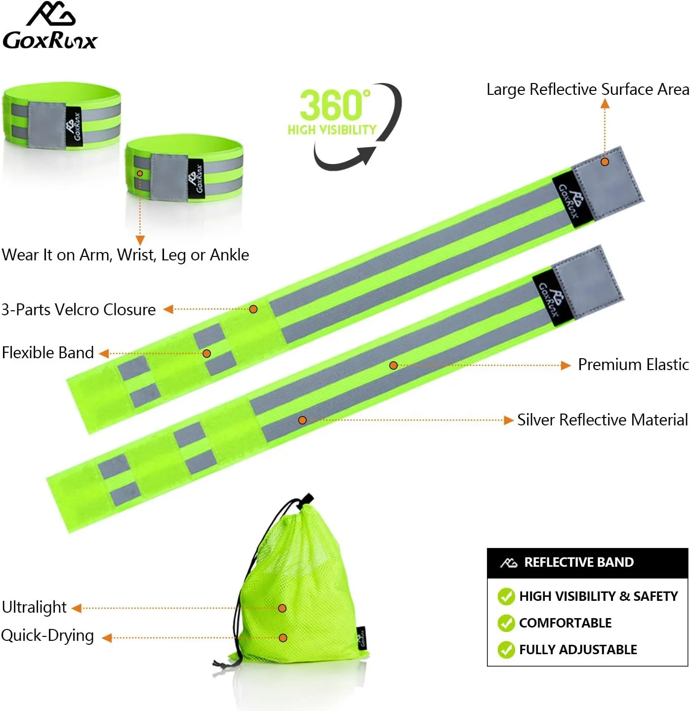 GoxRunx Reflective Bands Running Gear 6 Pack-Adjustable Reflective Armband Arm Wrist Ankle Leg Bands Reflectors -Reflective Tape Straps for Clothing Night Running Cycling Walking -Slap Bracelets