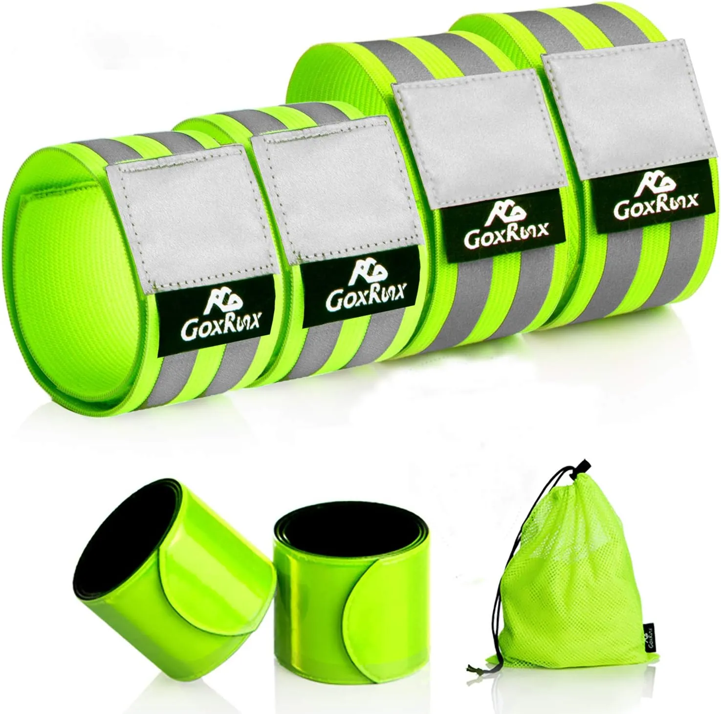 GoxRunx Reflective Bands Running Gear 6 Pack-Adjustable Reflective Armband Arm Wrist Ankle Leg Bands Reflectors -Reflective Tape Straps for Clothing Night Running Cycling Walking -Slap Bracelets