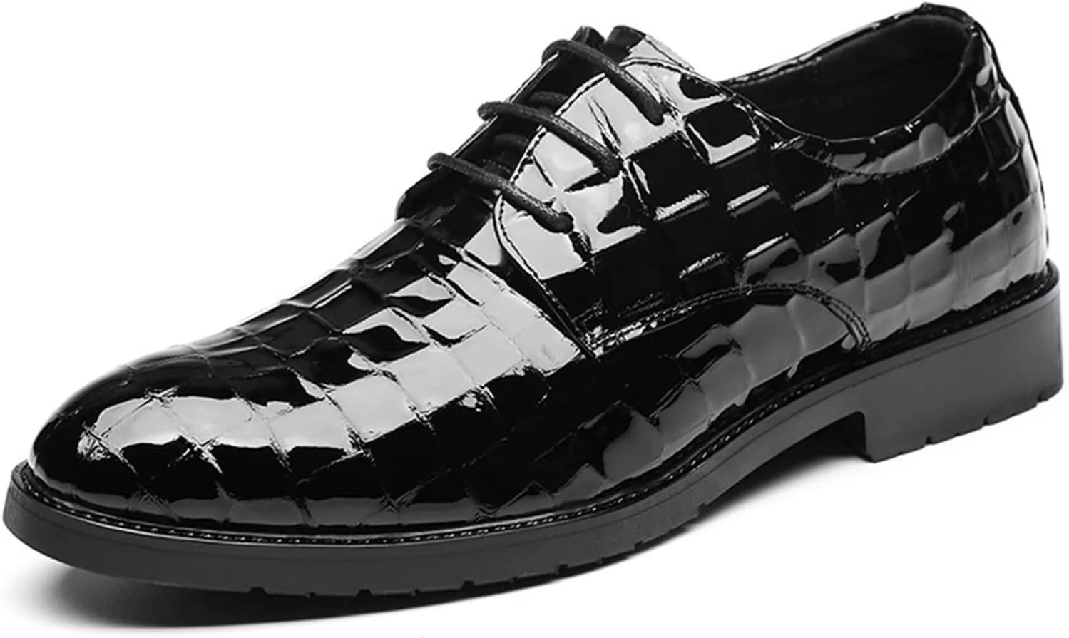 HOOENG Dress Shoes for Men Lace Up Round Toe Plaid Print Derby Shoes Patent Leather Low Top Non Slip Rubber Sole Business (Color : Black, Size : 6.5)