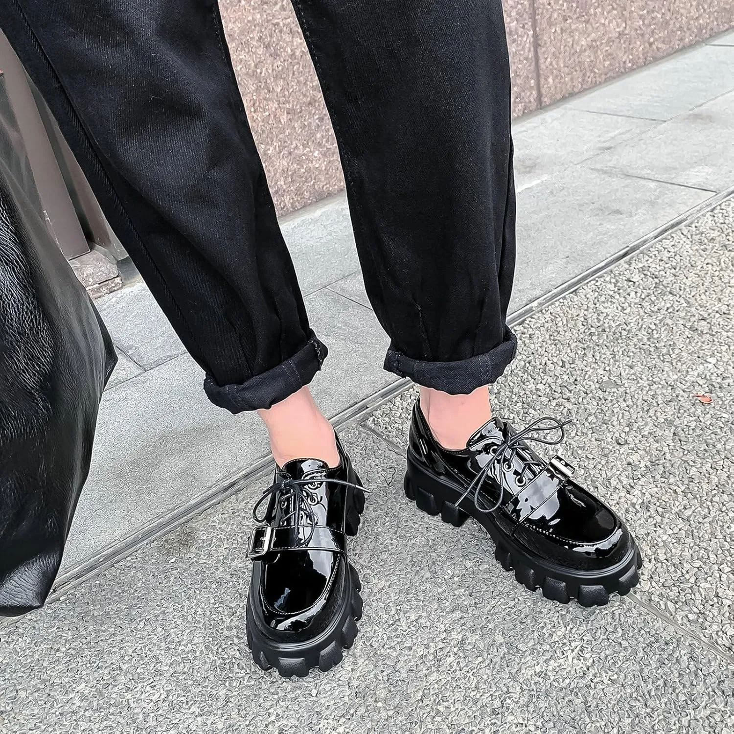 KiutSymo Platform Oxfords for Women Chunky Heel Lug Sole Patent Leather Buckle Lace Up Oxford Loafers Goth Shoes Office Work Casual