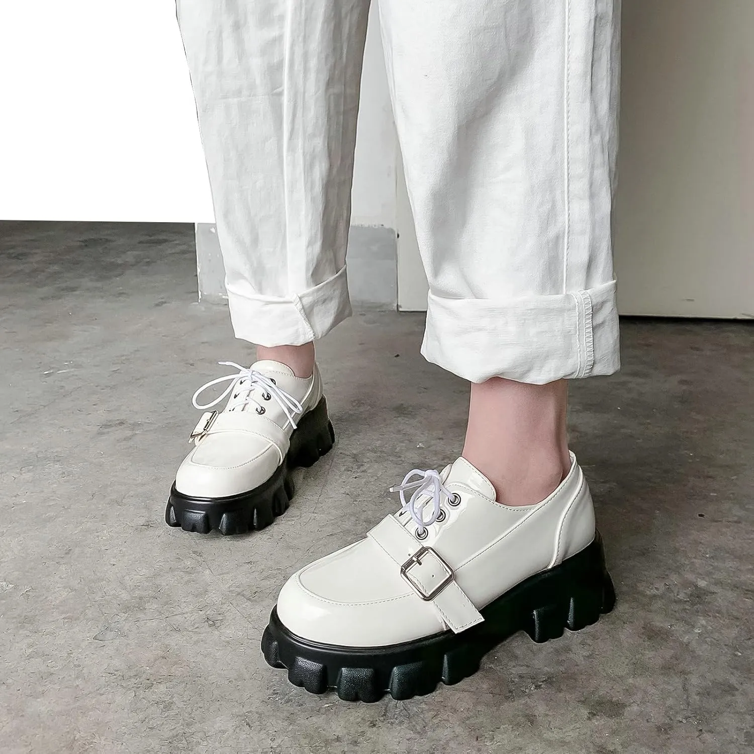 KiutSymo Platform Oxfords for Women Chunky Heel Lug Sole Patent Leather Buckle Lace Up Oxford Loafers Goth Shoes Office Work Casual