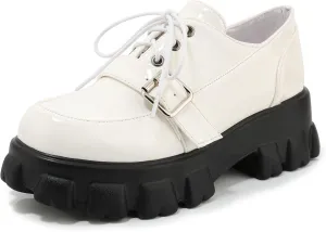 KiutSymo Platform Oxfords for Women Chunky Heel Lug Sole Patent Leather Buckle Lace Up Oxford Loafers Goth Shoes Office Work Casual