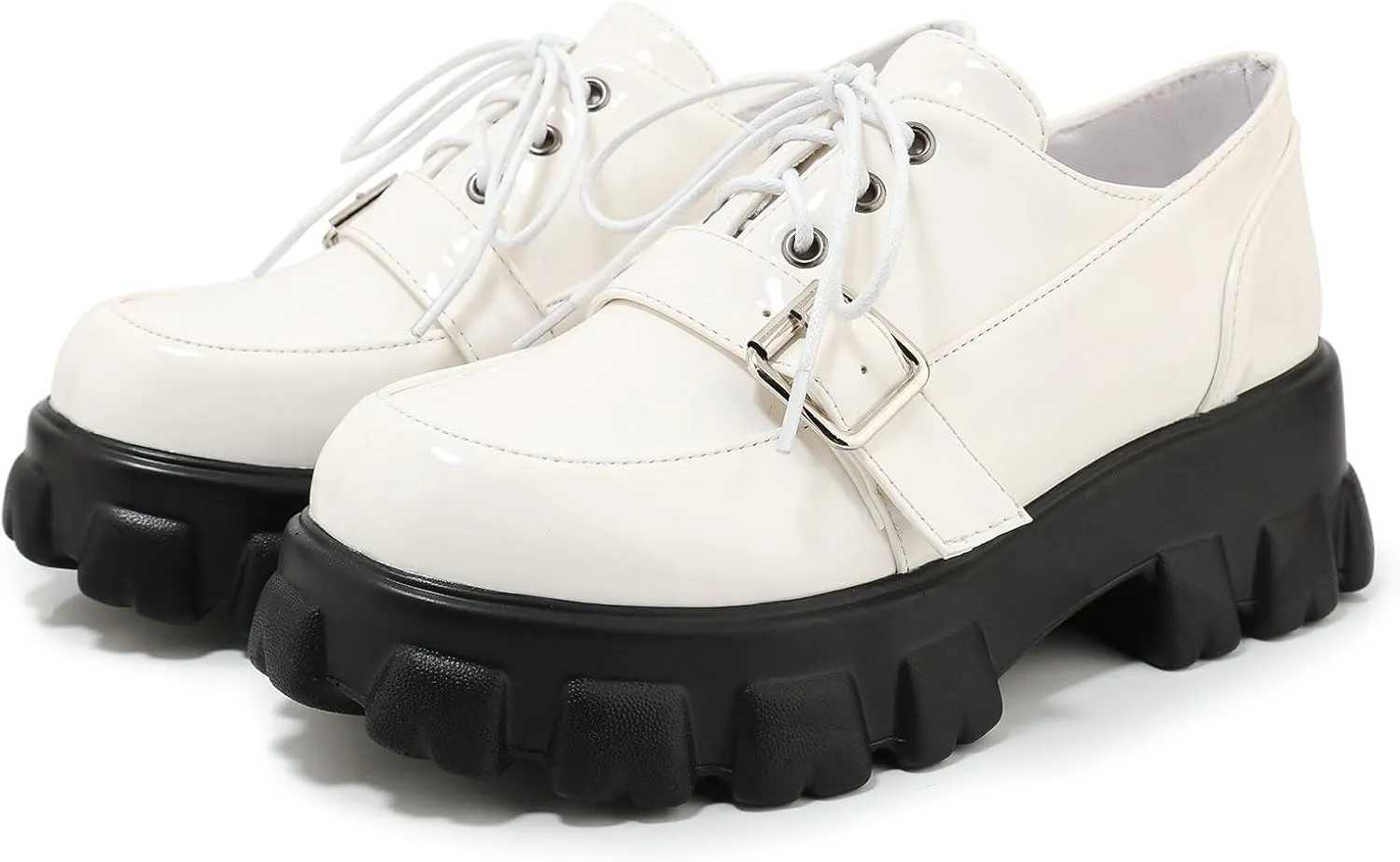 KiutSymo Platform Oxfords for Women Chunky Heel Lug Sole Patent Leather Buckle Lace Up Oxford Loafers Goth Shoes Office Work Casual