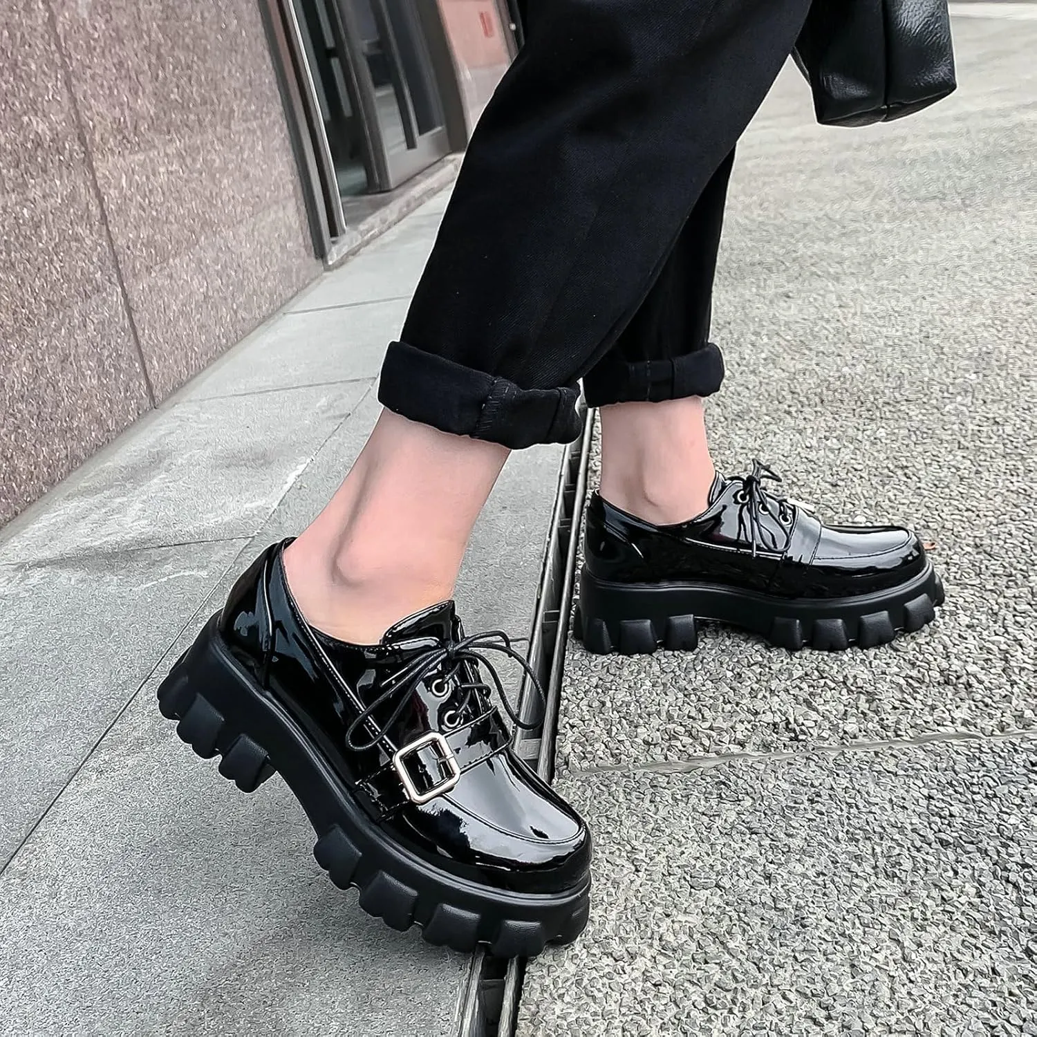 KiutSymo Platform Oxfords for Women Chunky Heel Lug Sole Patent Leather Buckle Lace Up Oxford Loafers Goth Shoes Office Work Casual