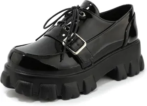 KiutSymo Platform Oxfords for Women Chunky Heel Lug Sole Patent Leather Buckle Lace Up Oxford Loafers Goth Shoes Office Work Casual