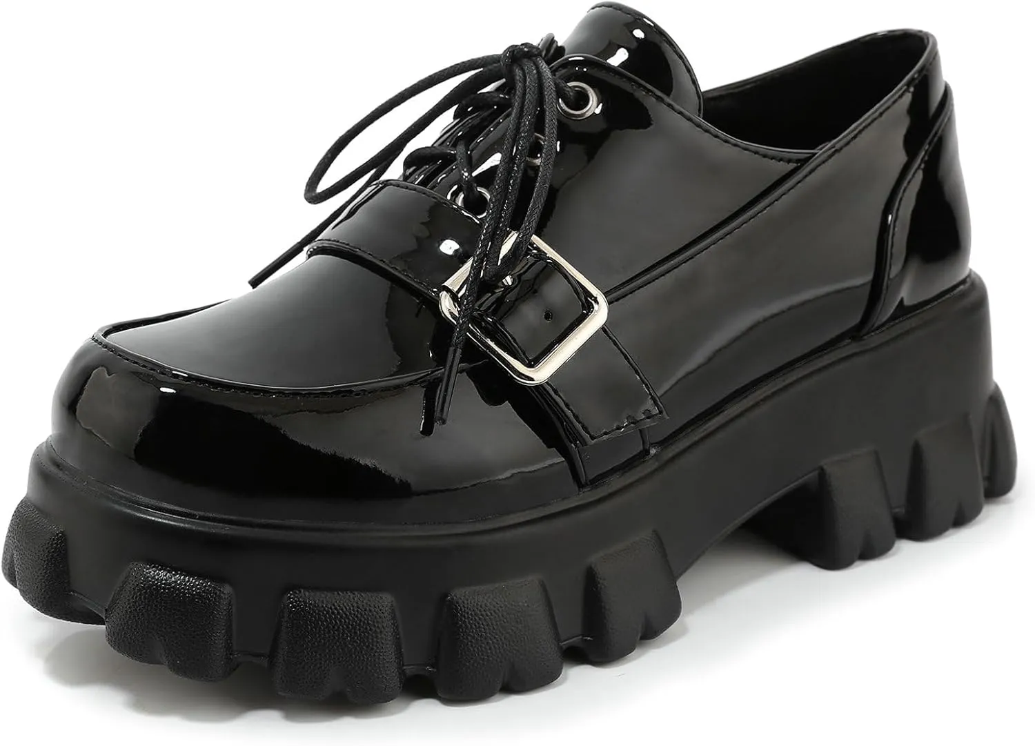 KiutSymo Platform Oxfords for Women Chunky Heel Lug Sole Patent Leather Buckle Lace Up Oxford Loafers Goth Shoes Office Work Casual