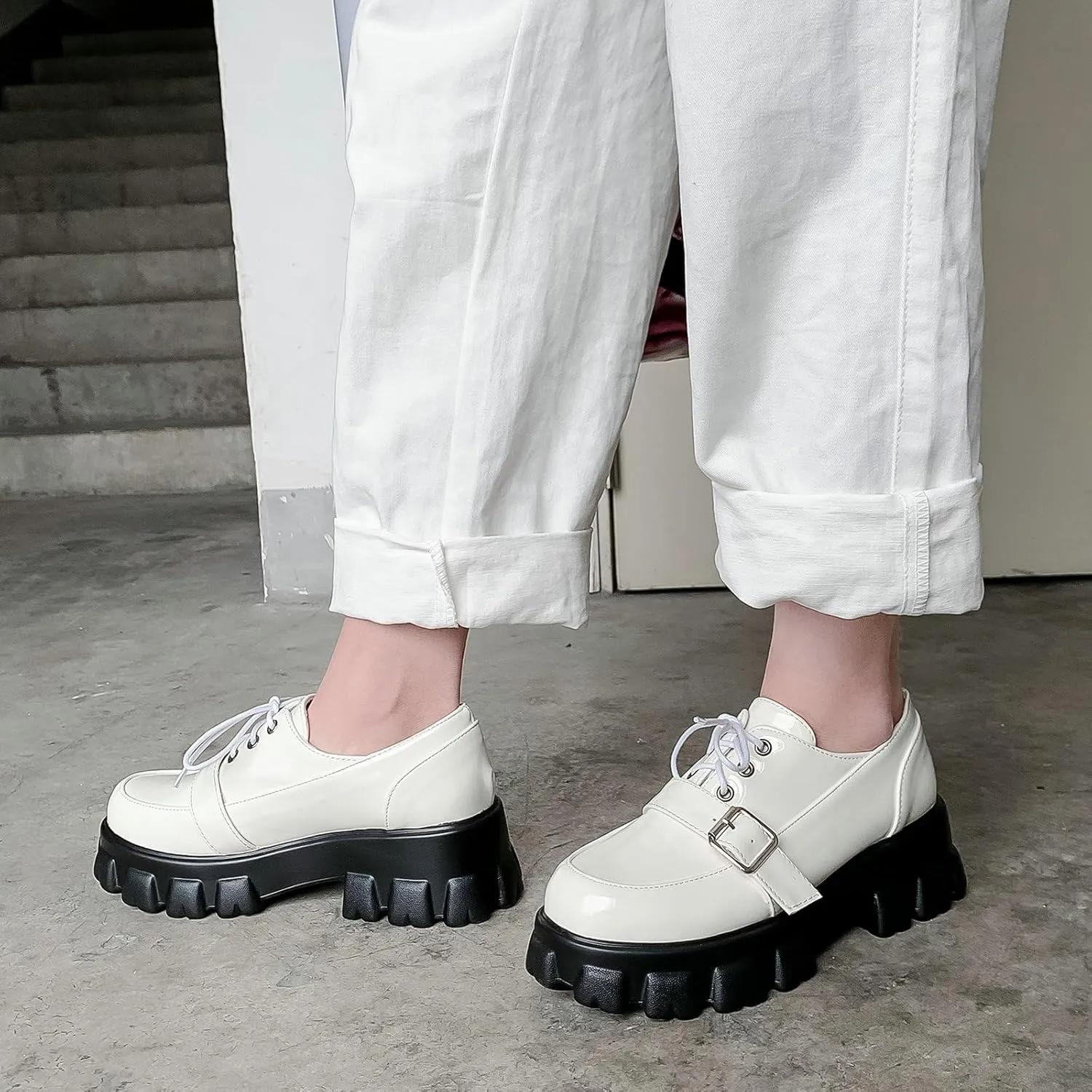 KiutSymo Platform Oxfords for Women Chunky Heel Lug Sole Patent Leather Buckle Lace Up Oxford Loafers Goth Shoes Office Work Casual