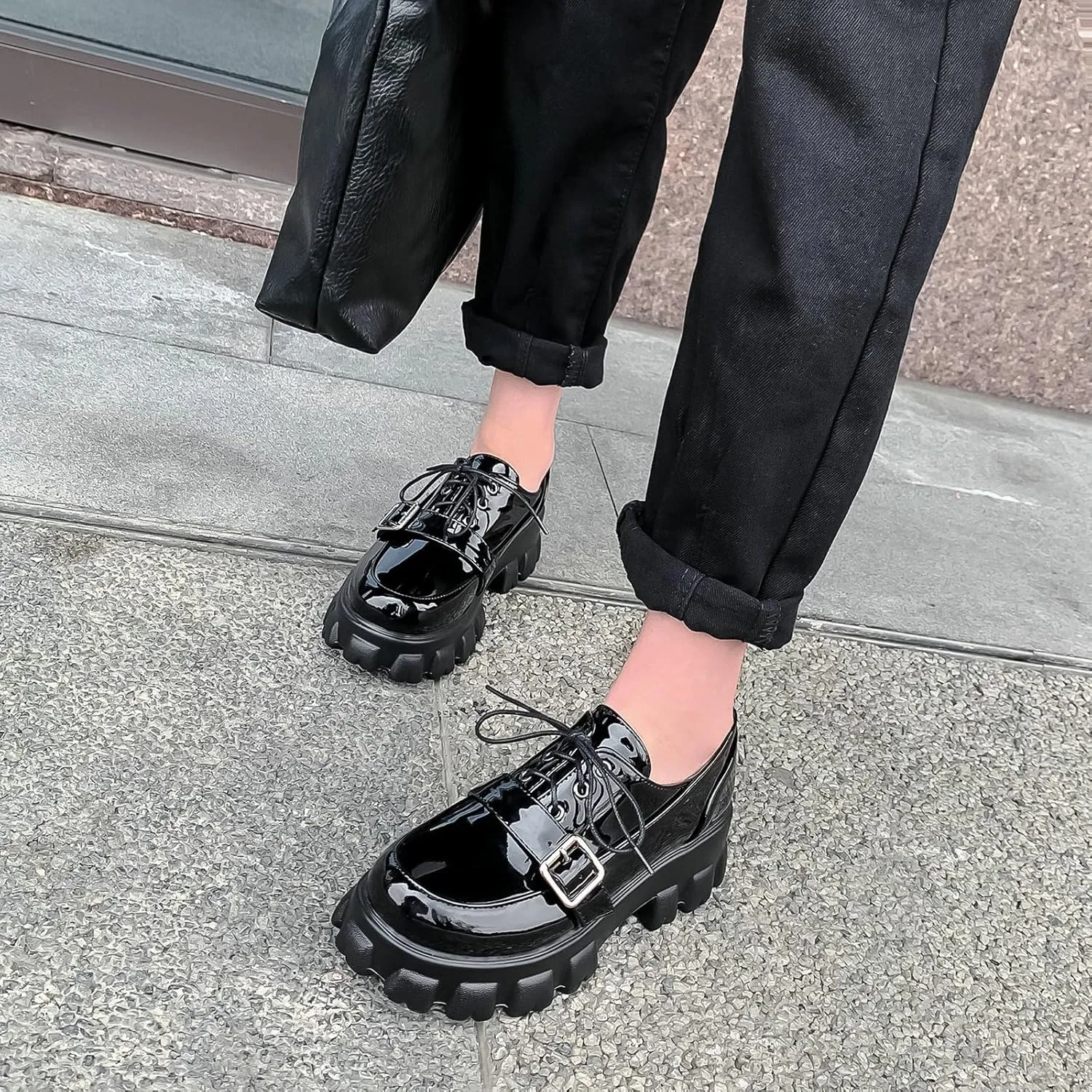 KiutSymo Platform Oxfords for Women Chunky Heel Lug Sole Patent Leather Buckle Lace Up Oxford Loafers Goth Shoes Office Work Casual