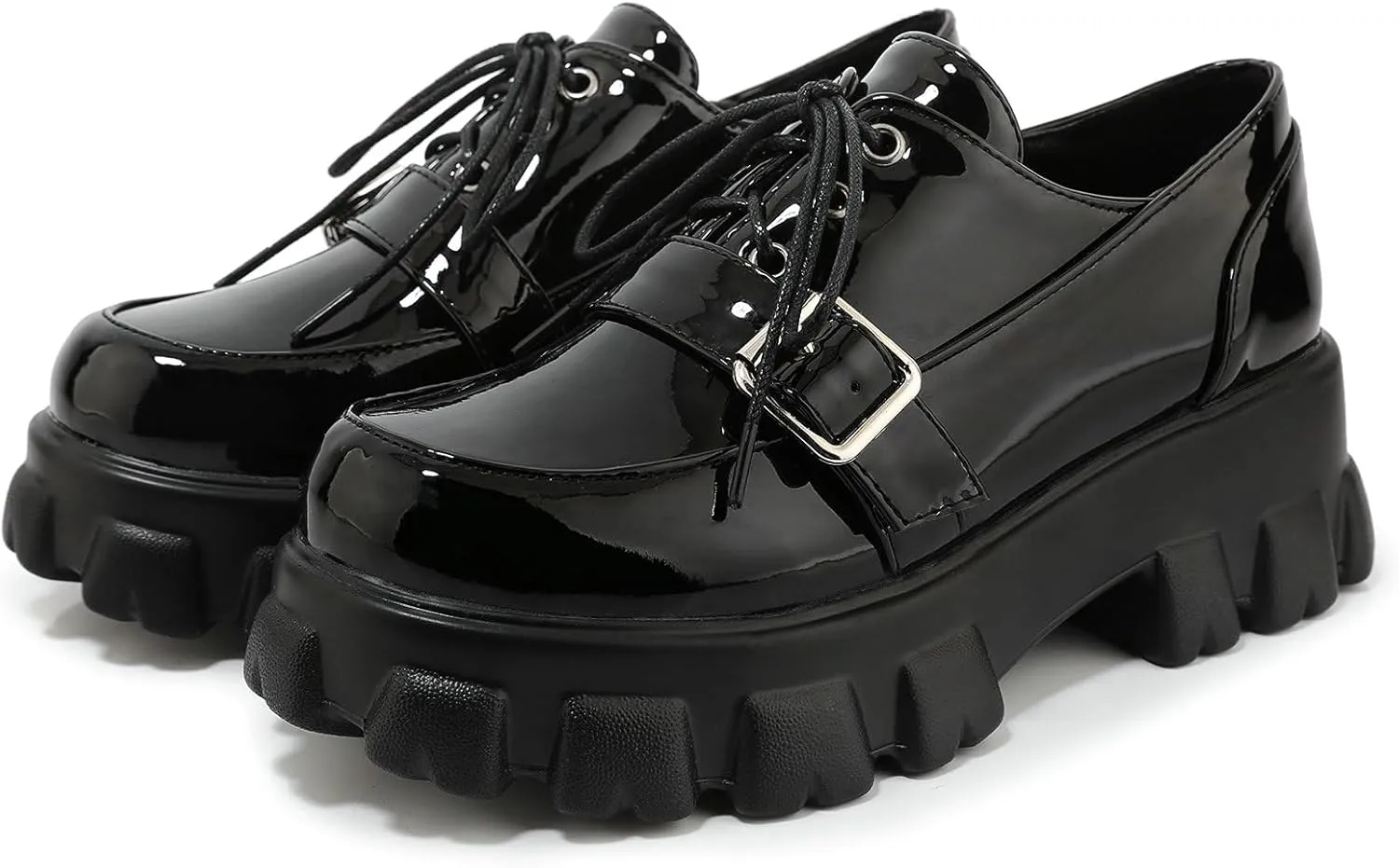 KiutSymo Platform Oxfords for Women Chunky Heel Lug Sole Patent Leather Buckle Lace Up Oxford Loafers Goth Shoes Office Work Casual