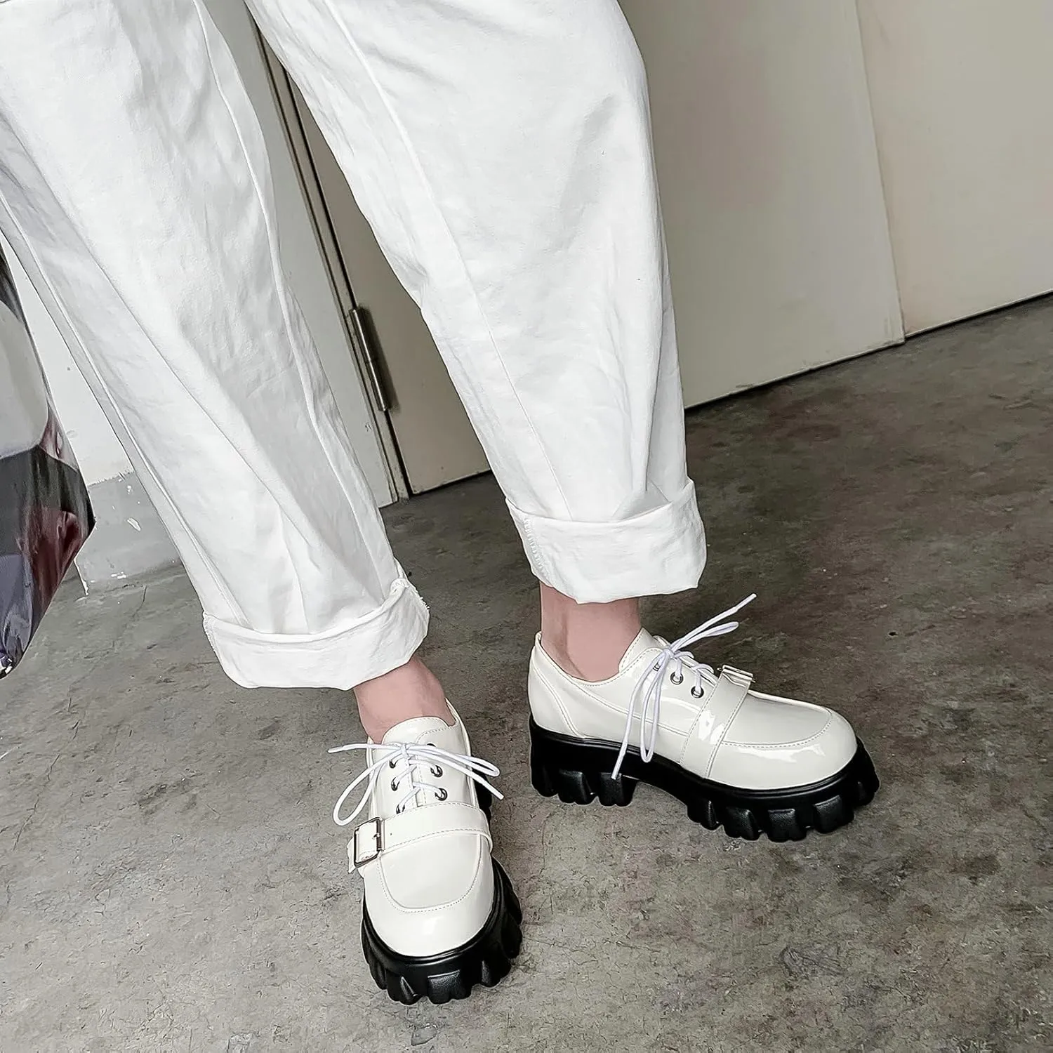 KiutSymo Platform Oxfords for Women Chunky Heel Lug Sole Patent Leather Buckle Lace Up Oxford Loafers Goth Shoes Office Work Casual