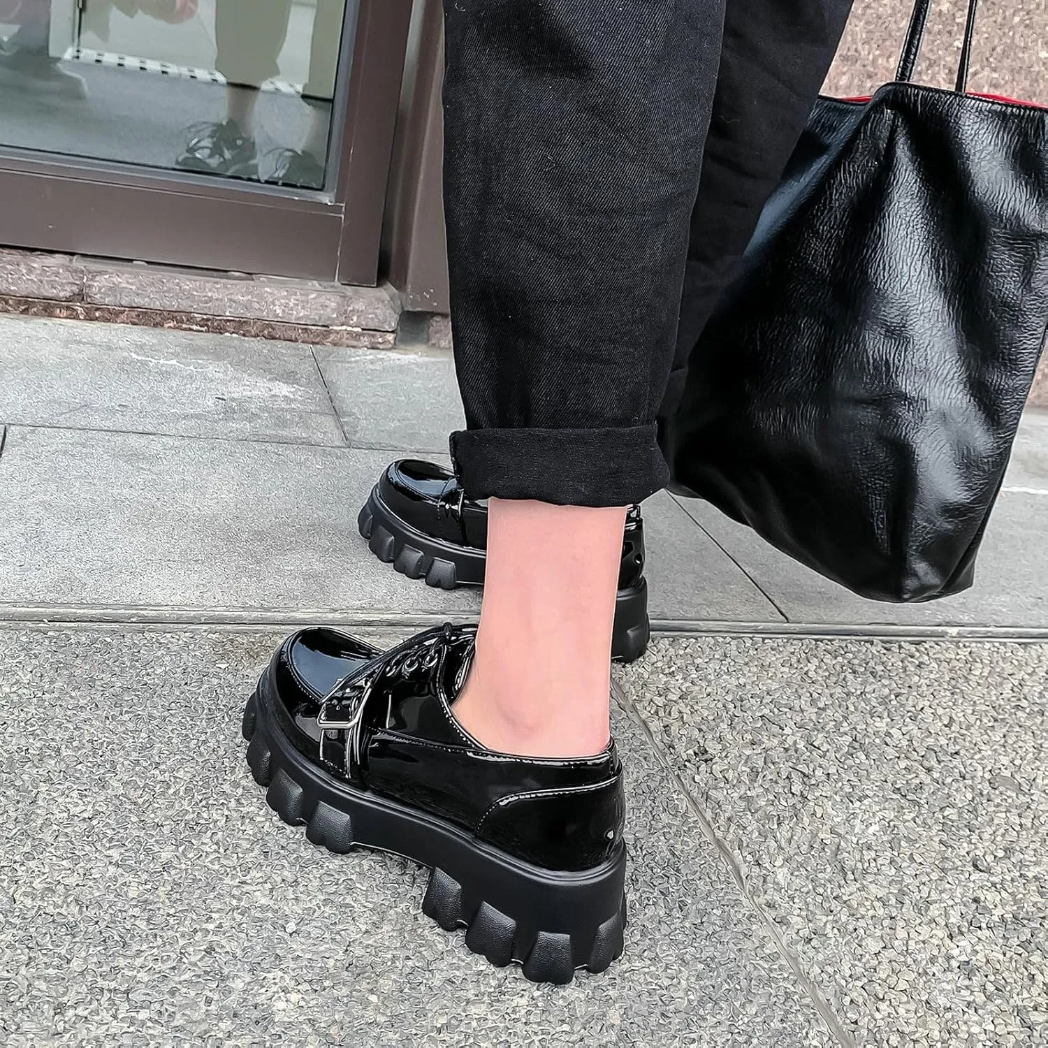 KiutSymo Platform Oxfords for Women Chunky Heel Lug Sole Patent Leather Buckle Lace Up Oxford Loafers Goth Shoes Office Work Casual