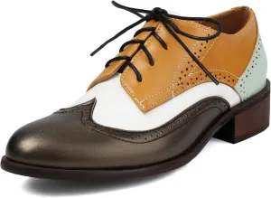 KiutSymo Women's Wingtip Oxford Shoes Lace up Round Toe Oxfords Chunky Heel Vintage Brogue Shoes Office Work Casual