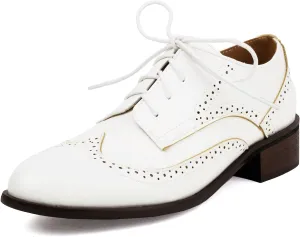 KiutSymo Women's Wingtip Oxford Shoes Lace up Round Toe Oxfords Chunky Heel Vintage Brogue Shoes Office Work Casual