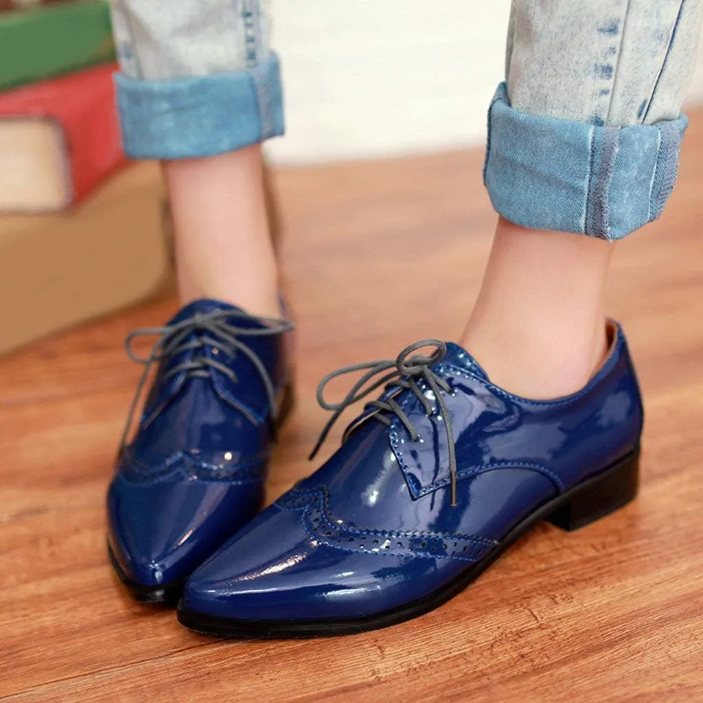 KOKOMOMO Womens Wingtip Patent Leather Pointed Low Heel Oxford Flats Vintage Brogue Shoes