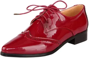KOKOMOMO Womens Wingtip Patent Leather Pointed Low Heel Oxford Flats Vintage Brogue Shoes