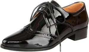 KOKOMOMO Womens Wingtip Patent Leather Pointed Low Heel Oxford Flats Vintage Brogue Shoes