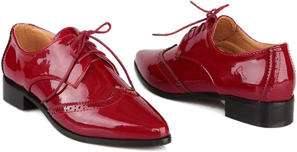 KOKOMOMO Womens Wingtip Patent Leather Pointed Low Heel Oxford Flats Vintage Brogue Shoes