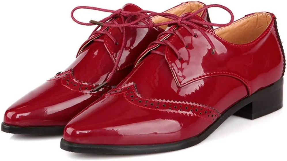 KOKOMOMO Womens Wingtip Patent Leather Pointed Low Heel Oxford Flats Vintage Brogue Shoes