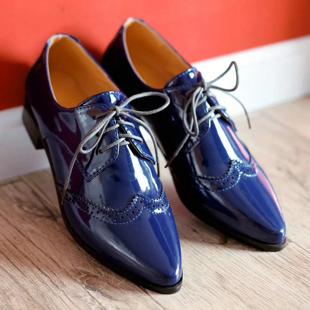 KOKOMOMO Womens Wingtip Patent Leather Pointed Low Heel Oxford Flats Vintage Brogue Shoes