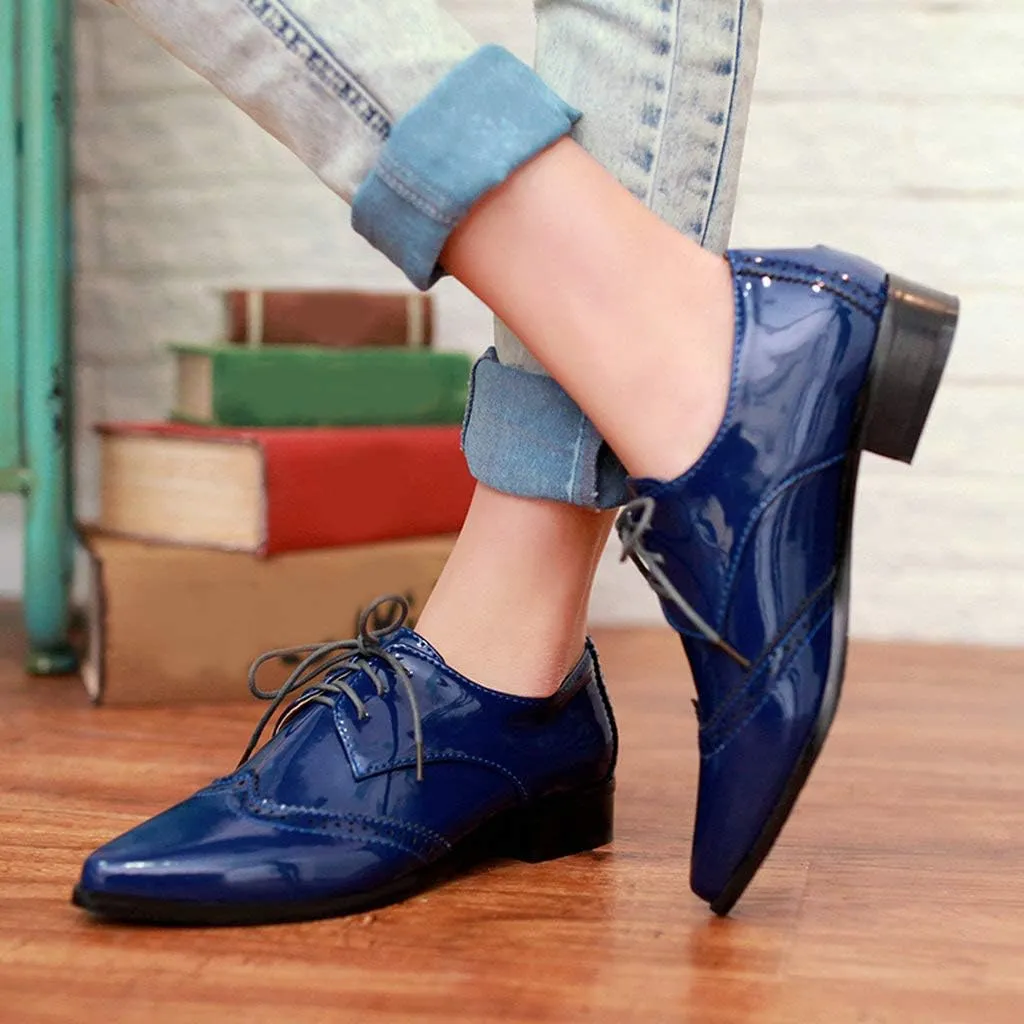 KOKOMOMO Womens Wingtip Patent Leather Pointed Low Heel Oxford Flats Vintage Brogue Shoes