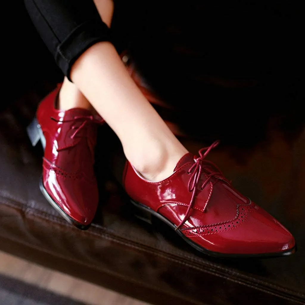 KOKOMOMO Womens Wingtip Patent Leather Pointed Low Heel Oxford Flats Vintage Brogue Shoes