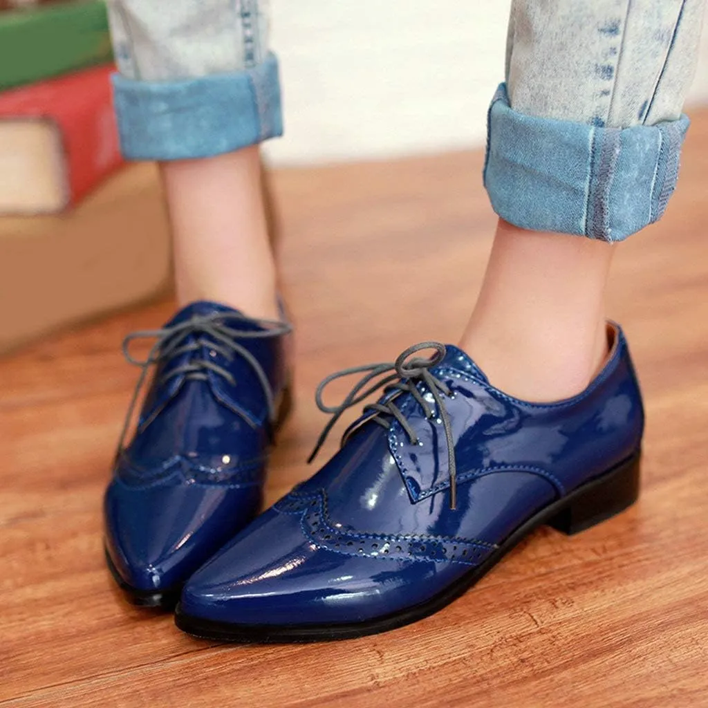 KOKOMOMO Womens Wingtip Patent Leather Pointed Low Heel Oxford Flats Vintage Brogue Shoes