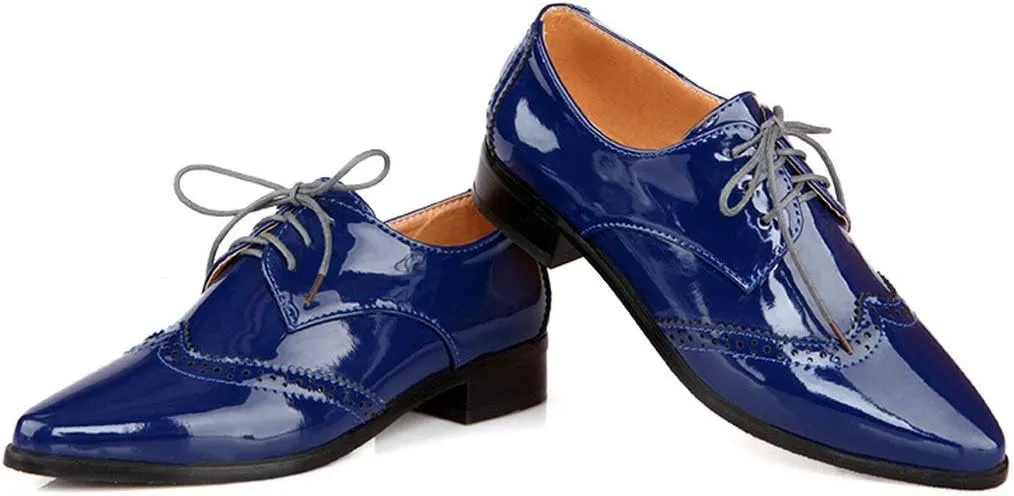 KOKOMOMO Womens Wingtip Patent Leather Pointed Low Heel Oxford Flats Vintage Brogue Shoes