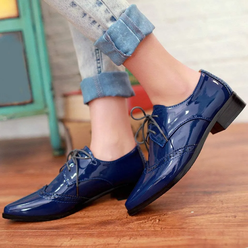 KOKOMOMO Womens Wingtip Patent Leather Pointed Low Heel Oxford Flats Vintage Brogue Shoes