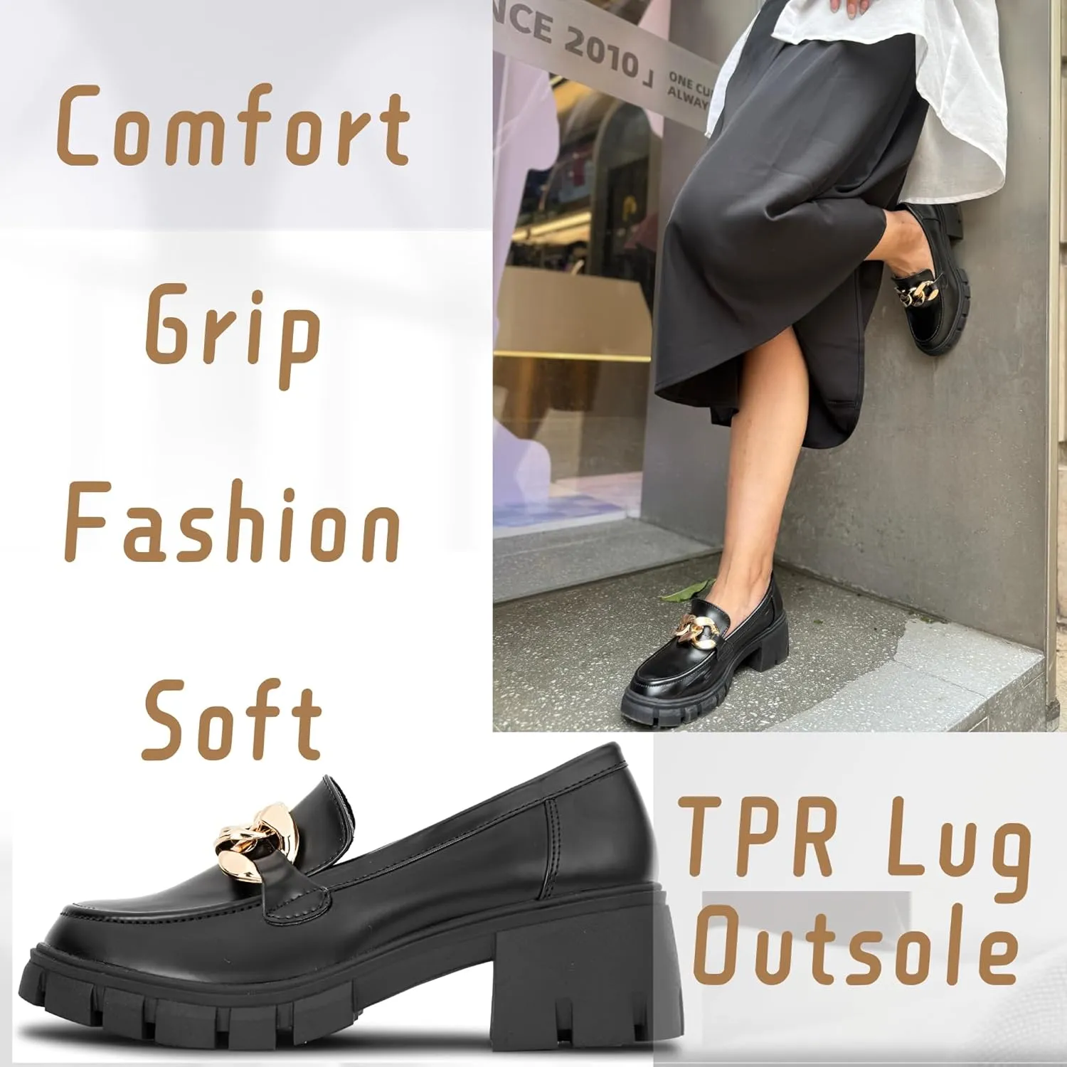 Loafers for Women Chunky Heeled - Work Shoes Platform Lug Sole Memory Foam Mocasines para Mujer