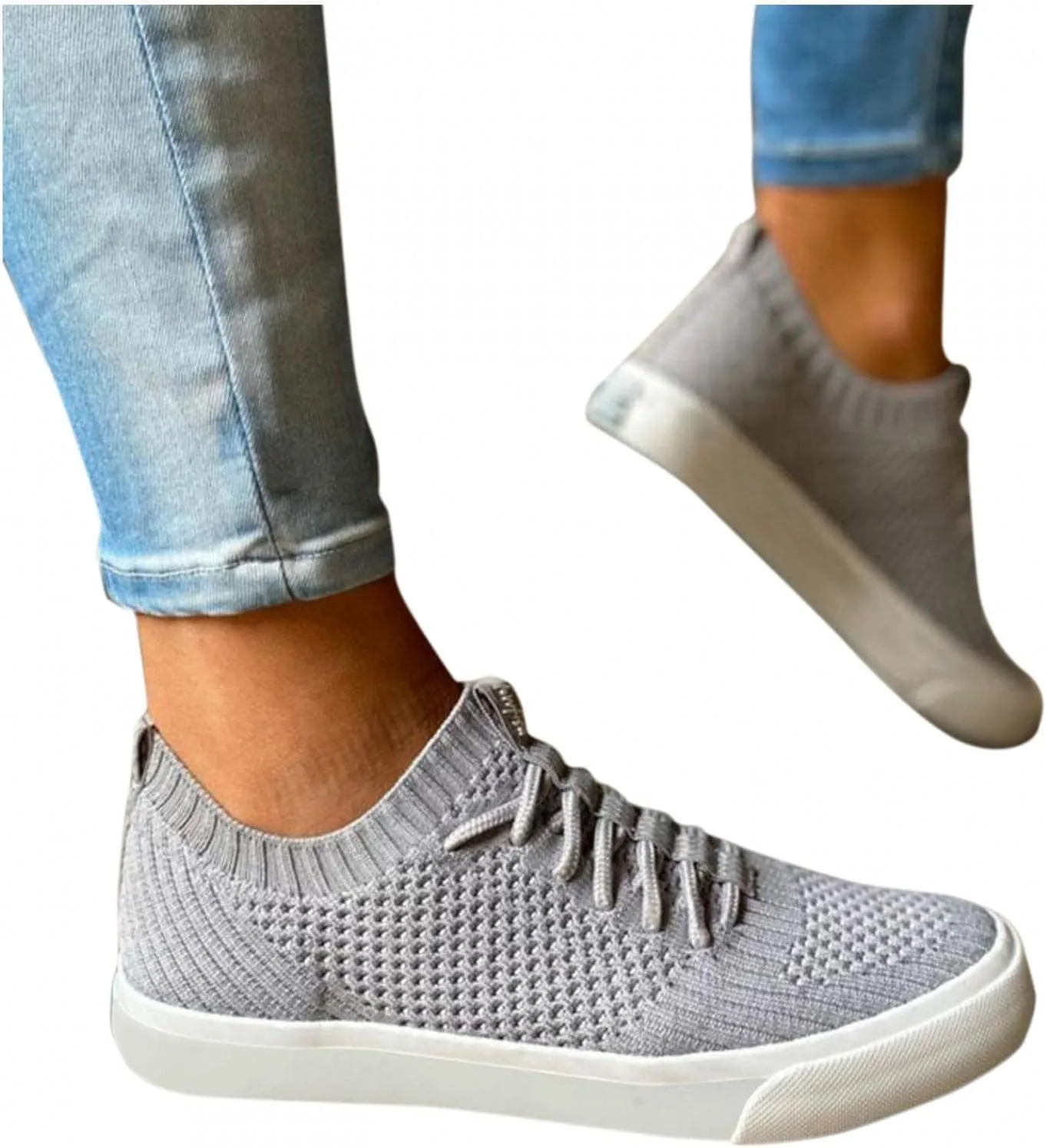 Masbird Sneakers for Women Walking Shoes Autumn Retro Knitted Loafers Fashion Slip On Canvas Running Shoes Gray