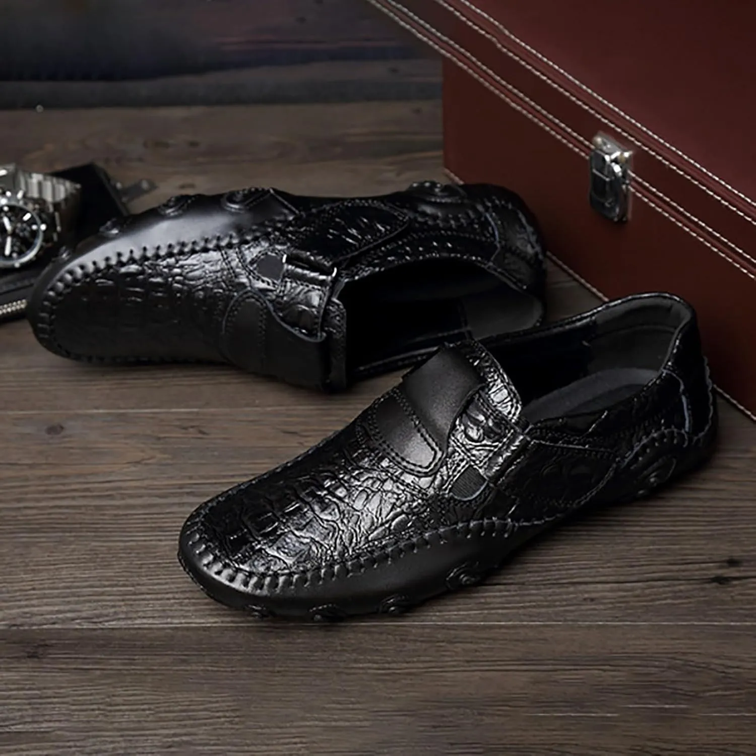 Men Fashion Walking Sneakers Non Slip Work Shoes Comfortable Leather Casual Mens Slip on Shoes Casual Wide Width