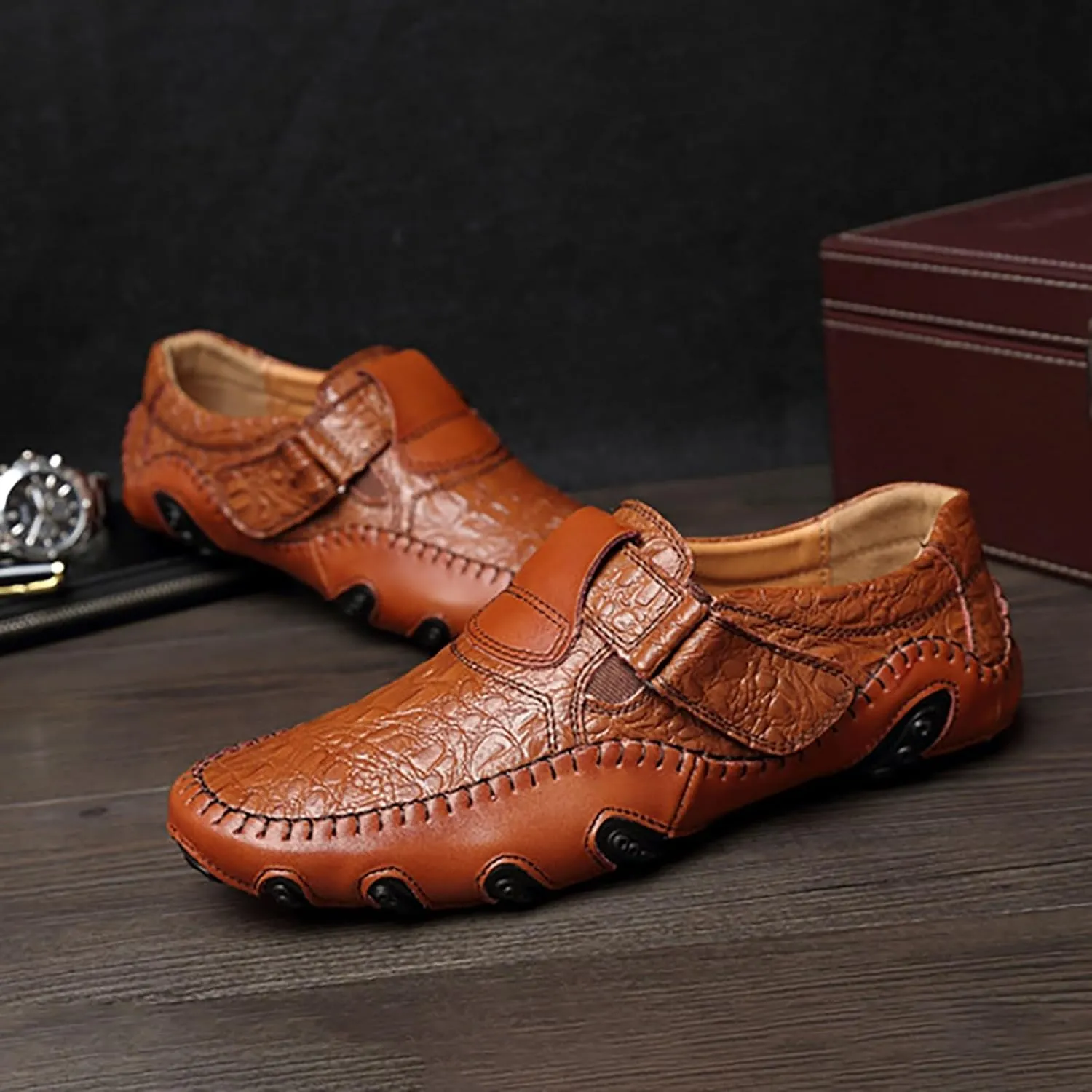 Men Fashion Walking Sneakers Non Slip Work Shoes Comfortable Leather Casual Mens Slip on Shoes Casual Wide Width